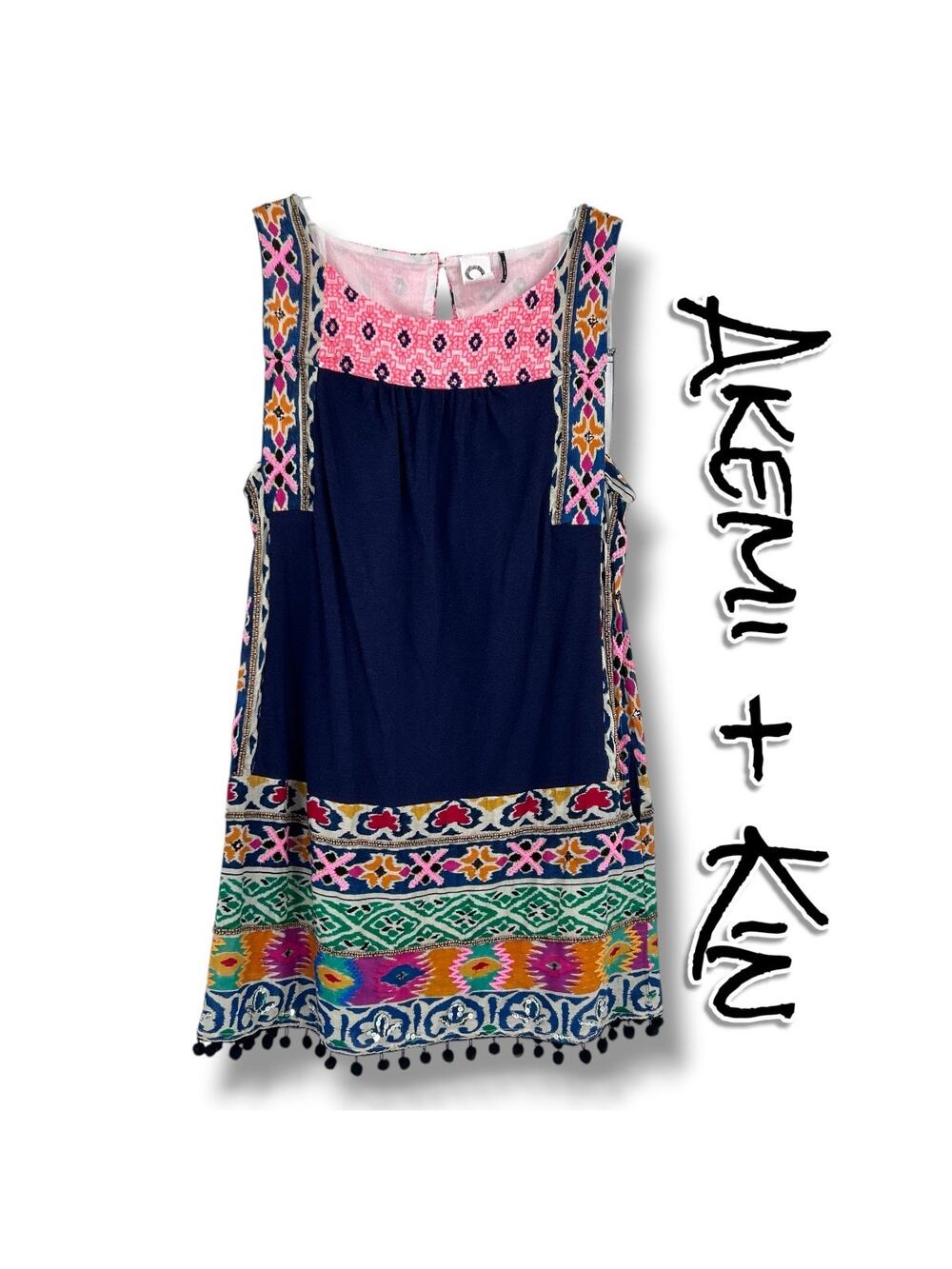 Anthro Akemi + Kin Tinamou Tunic Blouse XS Boho Embroidered Pom Trim Festival